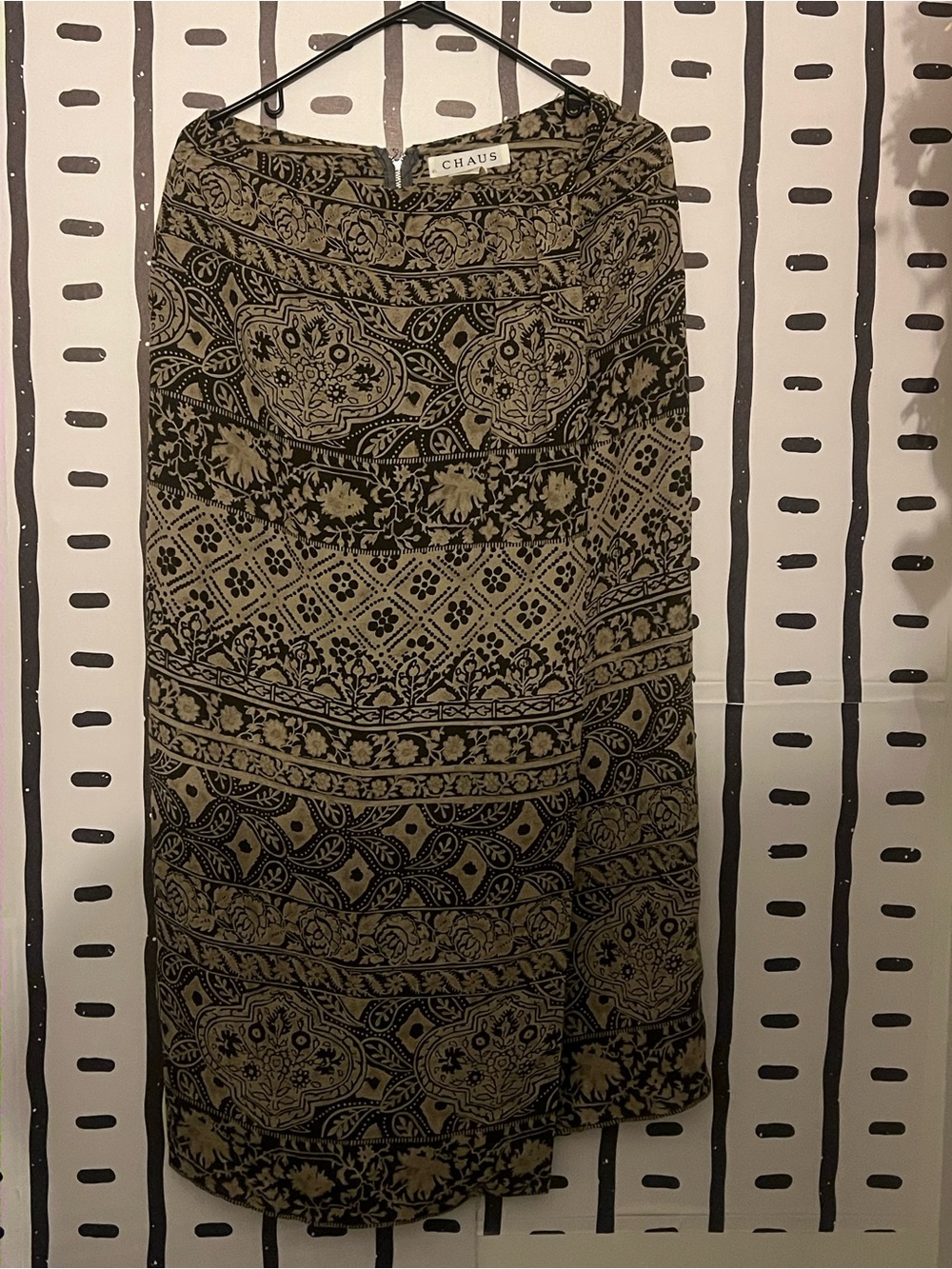 Chaus Olive and Black Patterned Midi Skirt